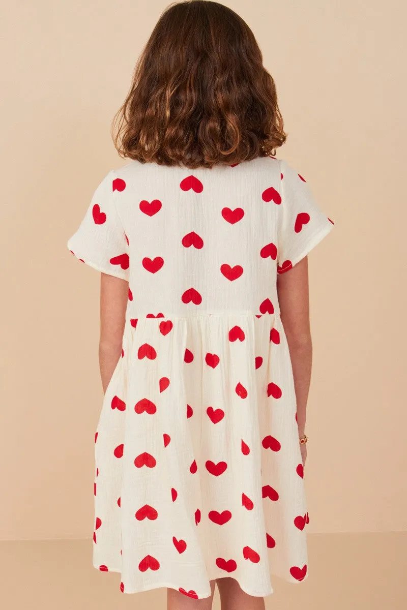 Girls Heart Print Textured Button Detail Dress