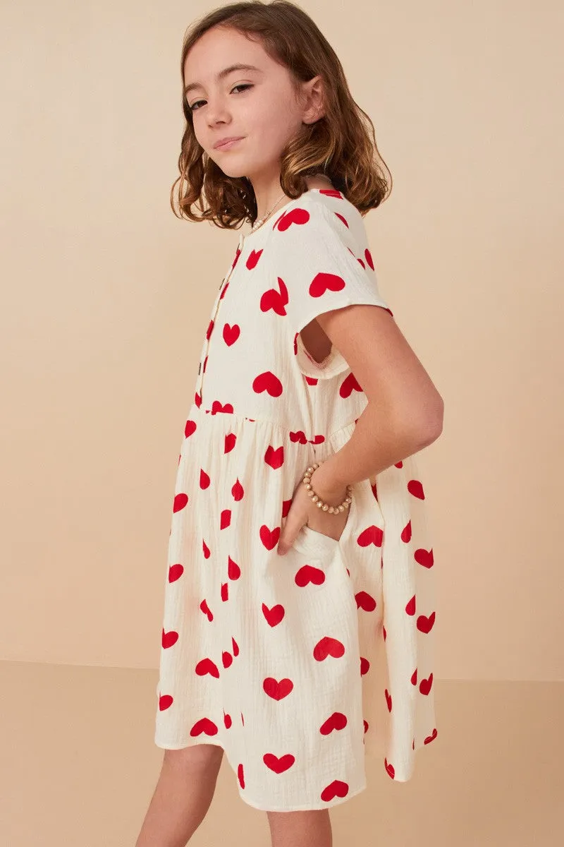 Girls Heart Print Textured Button Detail Dress