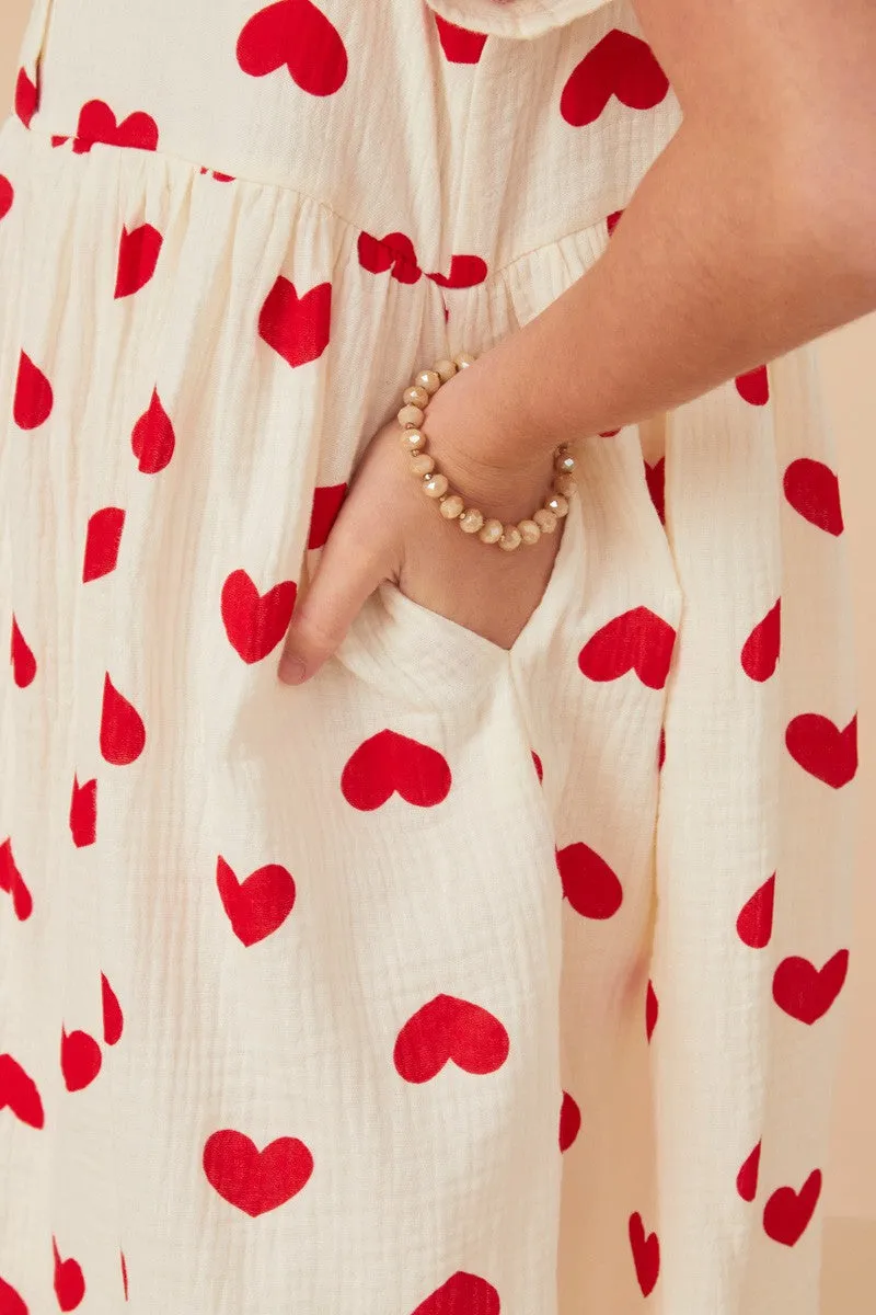 Girls Heart Print Textured Button Detail Dress