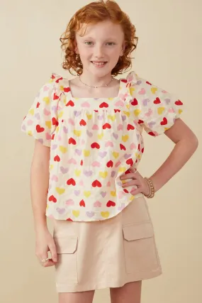 Girls Textured Ruffle Detail Heart Print Top