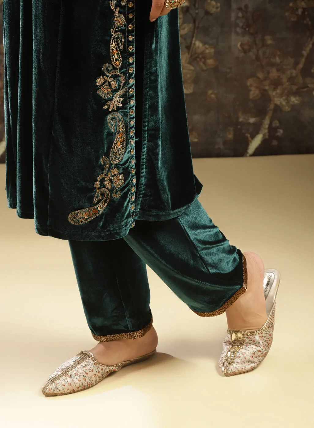 Green Embroidered Velvet Kurta Set with Button Detailing