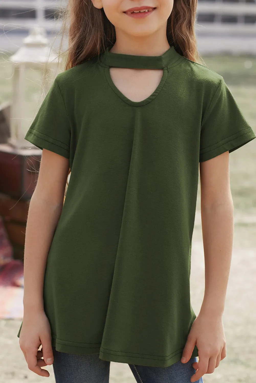 Green Keyhole Girl’s Short Sleeves Top