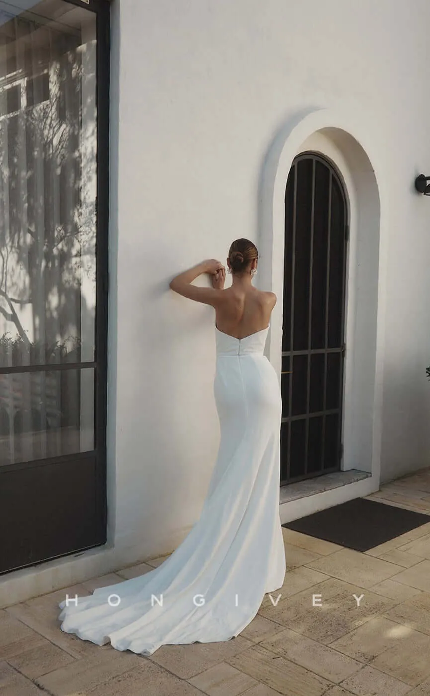 H0806- Strapless Off Shoulder Ruched High Slit With Train Wedding Dress