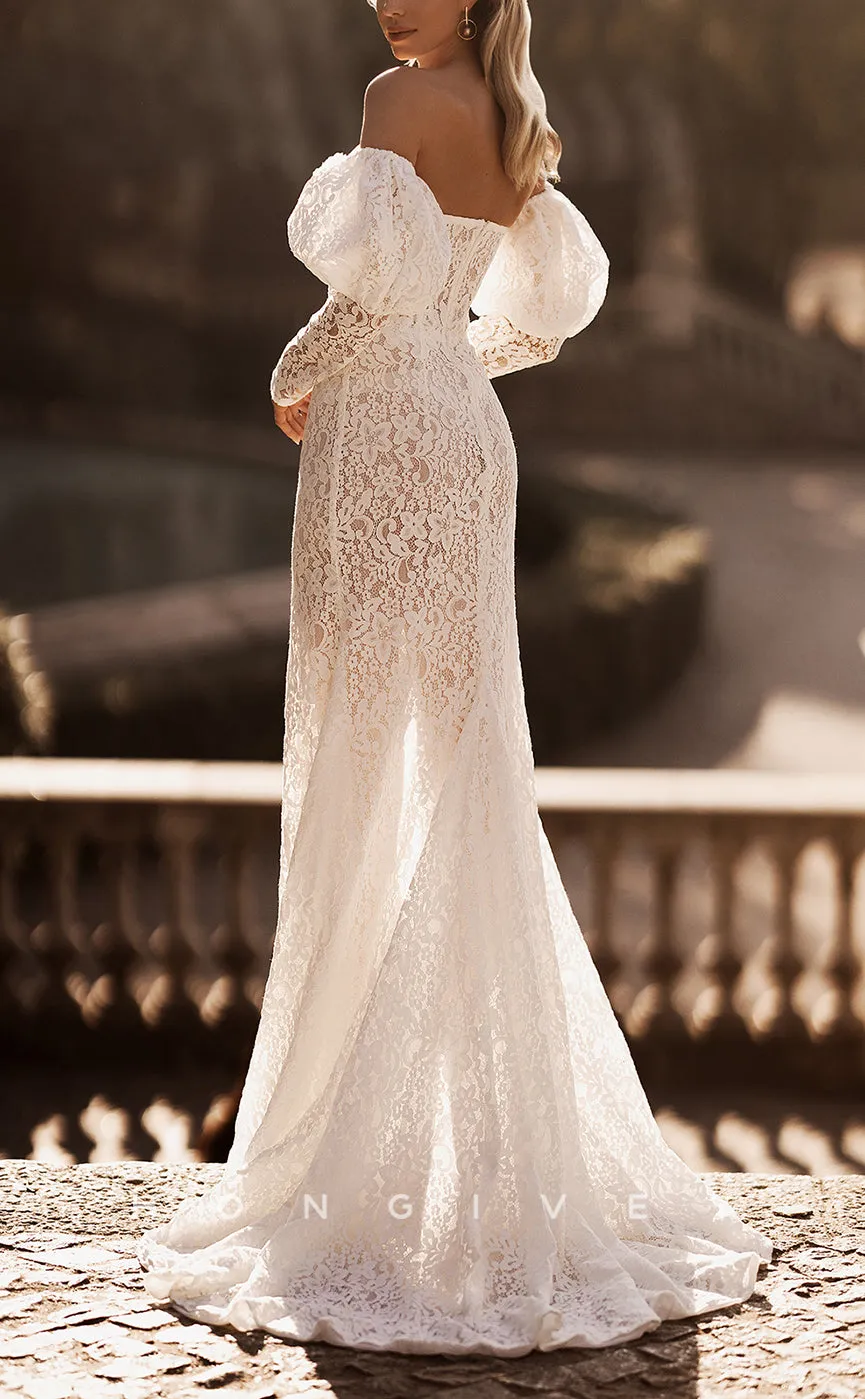 H1078 - Sexy Lace Strapless Sweetheart Long Sleeve Illusion Cutout Wedding Dress