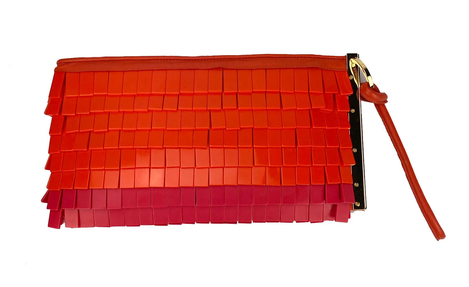 Herve Leger Orange and Pink Acrylic Chip Fringe Clutch