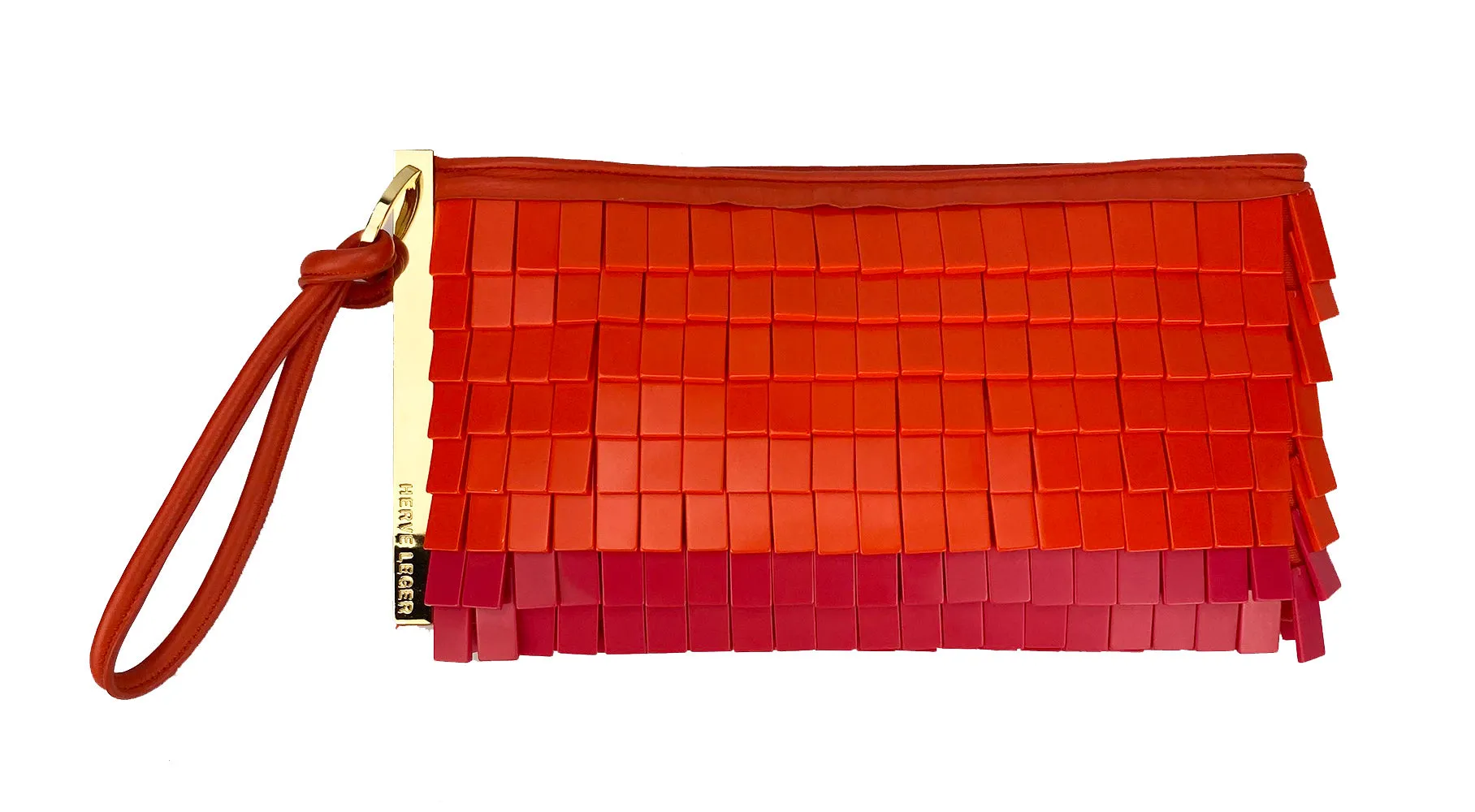 Herve Leger Orange and Pink Acrylic Chip Fringe Clutch