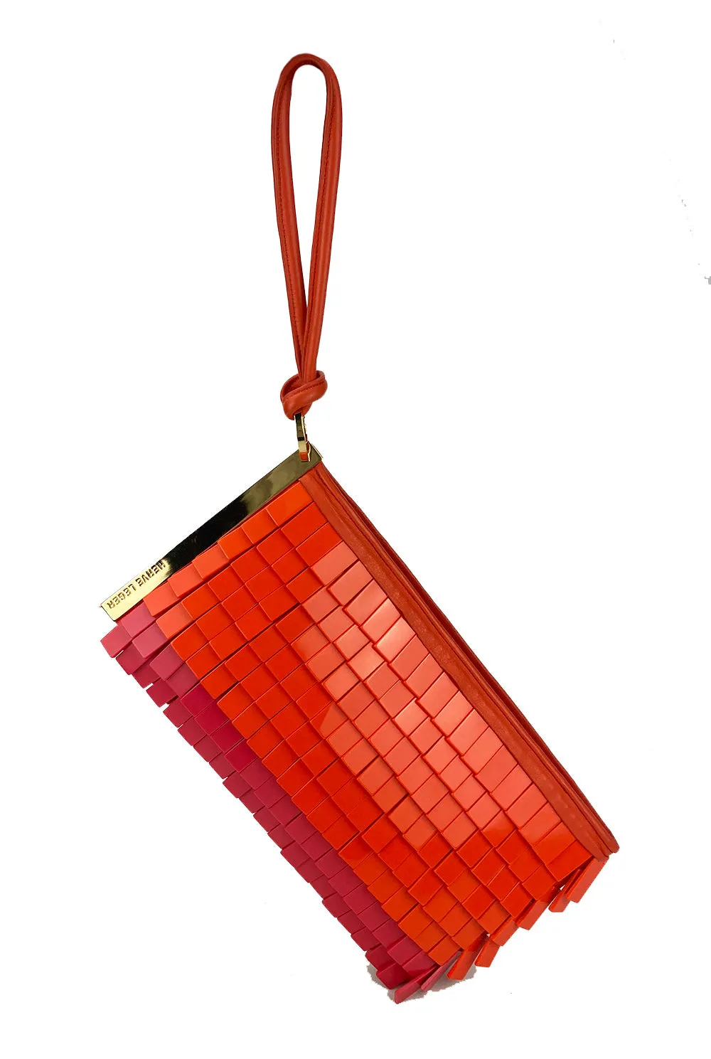 Herve Leger Orange and Pink Acrylic Chip Fringe Clutch