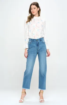 HIGH WAISTED FRAYED HEM CROPPED ANKLE STRAIGHT JEANS