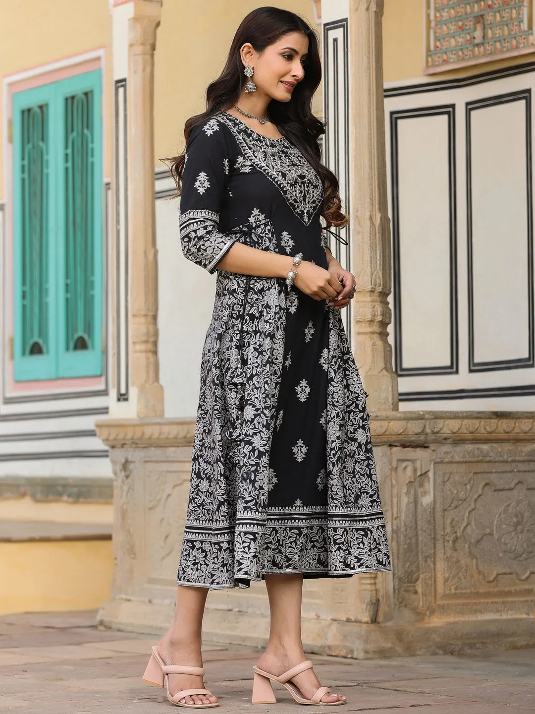 Juniper  Black & White Ethnic Motif Printed Pure Cotton Flared Maxi Dress With Beads & Sequins