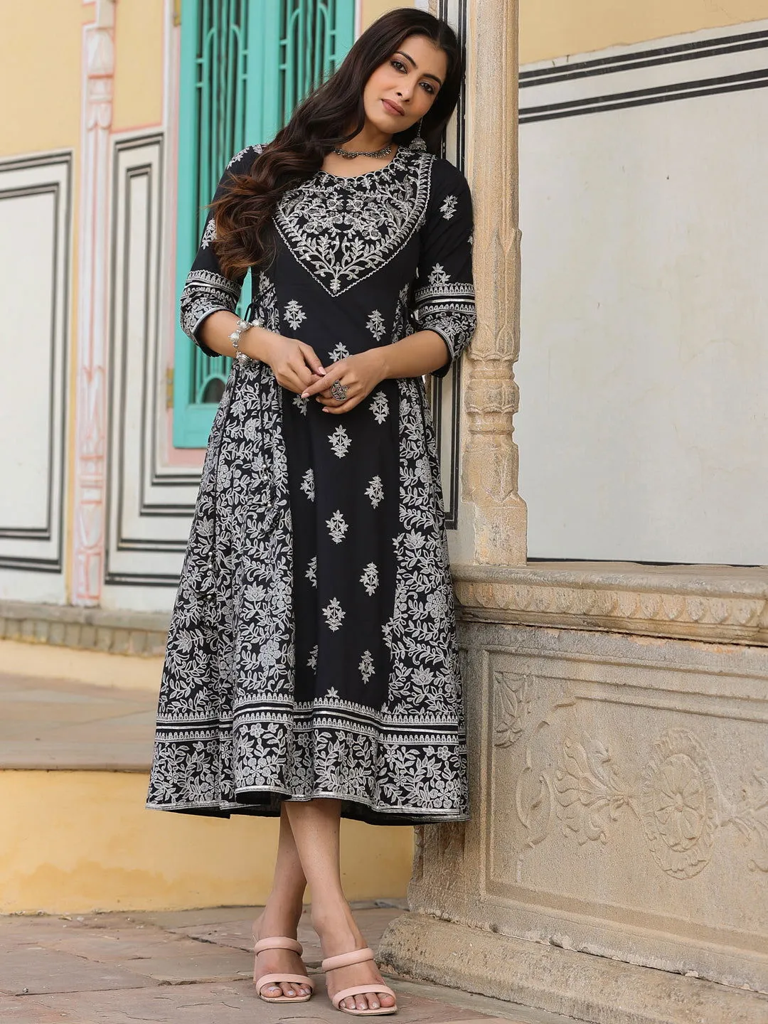 Juniper  Black & White Ethnic Motif Printed Pure Cotton Flared Maxi Dress With Beads & Sequins