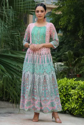 Juniper Peach Ethnic Motif Printed Georgette Anarkali Dress