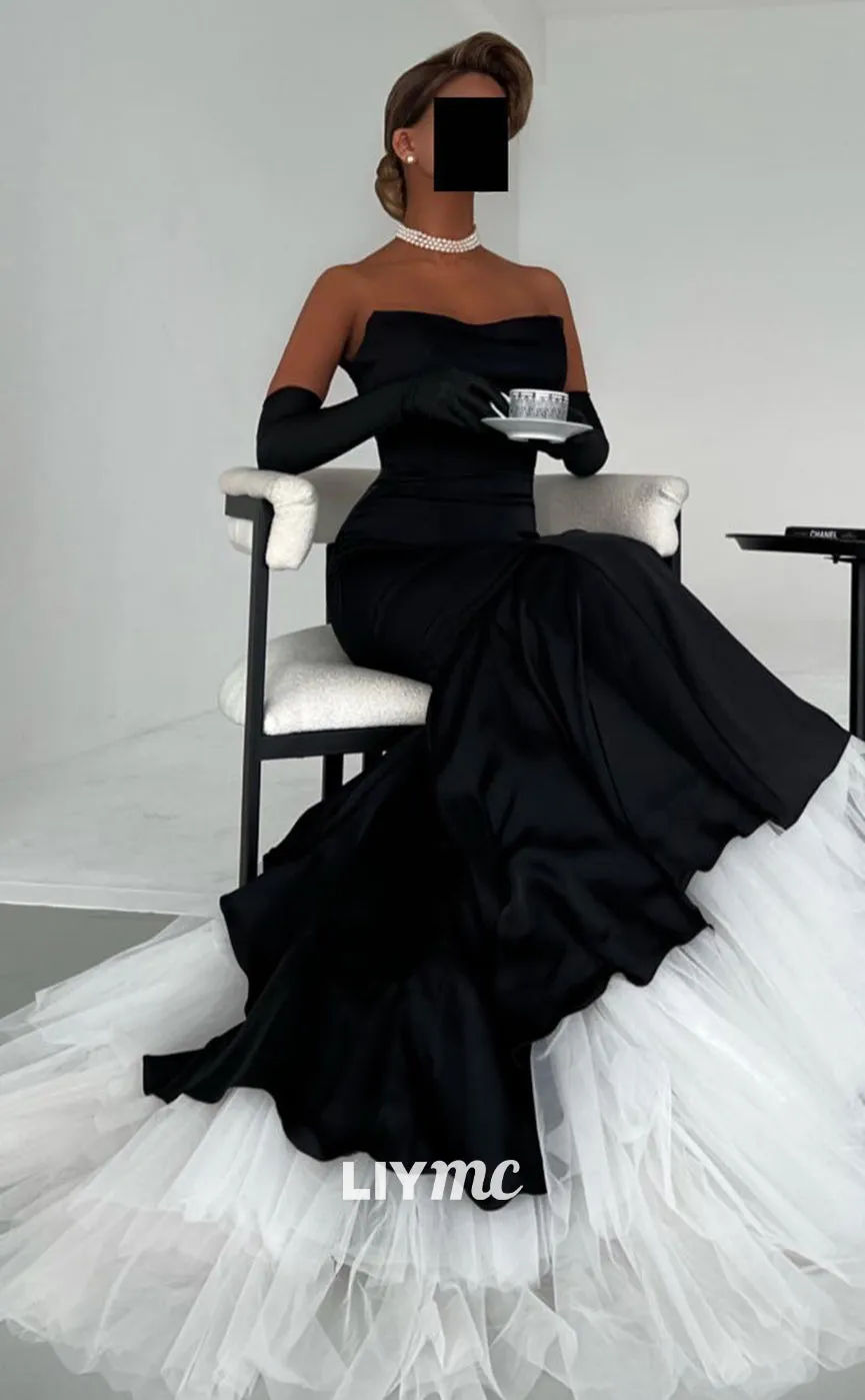 LP1371 - Off-Shoulder Sheath Sleek Sexy Satin Strapless Sweep Train Mermaid Prom Dress