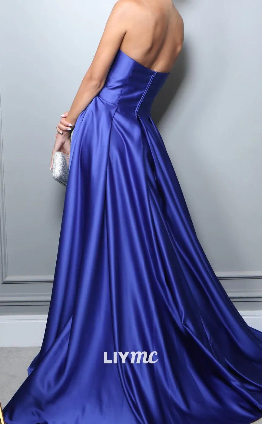 LP2097 - V-Neck Strapless Pleated Side Slit A-Line Prom Dress