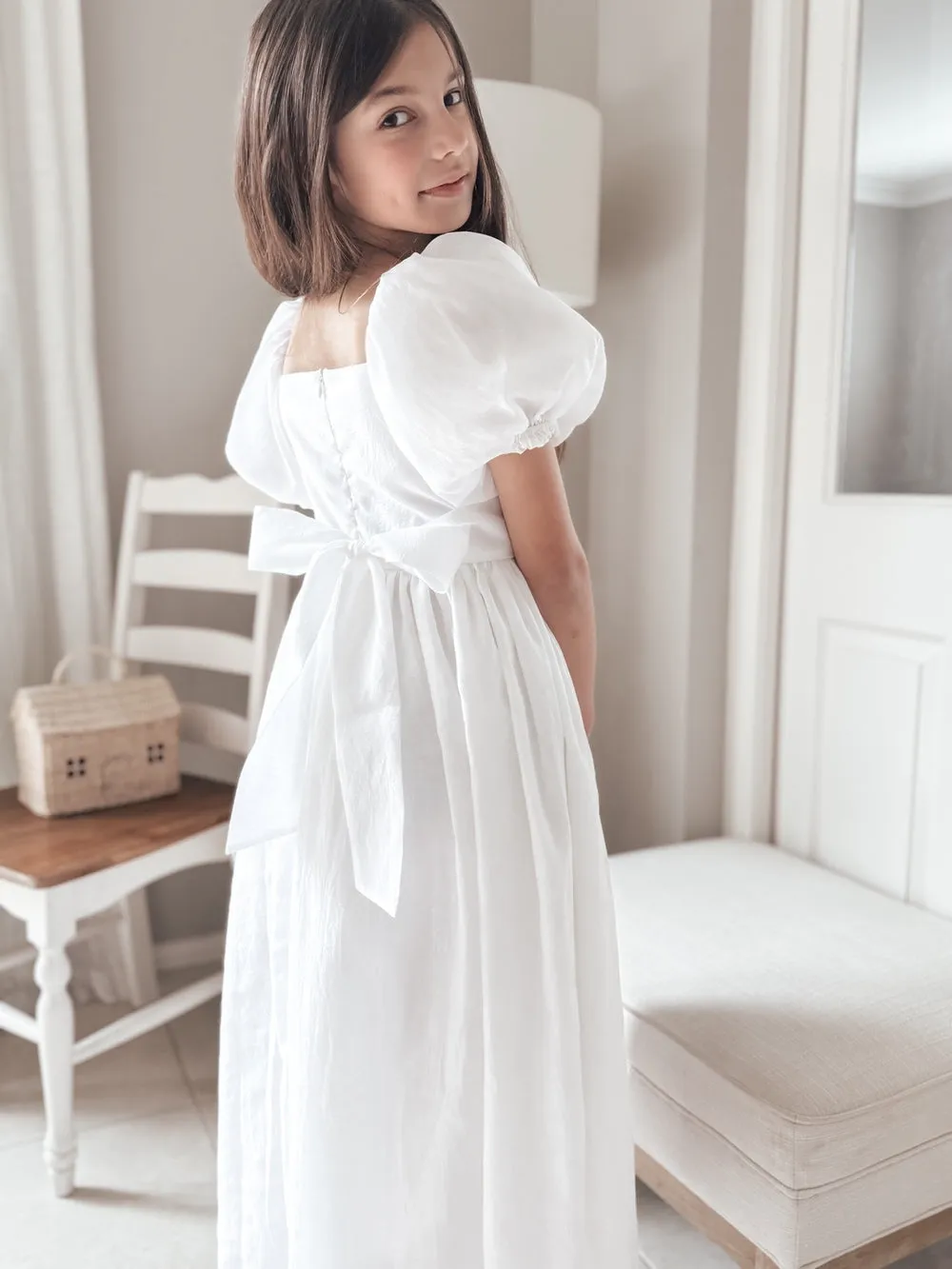 Lucy Girls Puff Sleeve White Dress