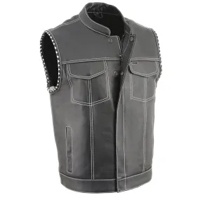 Men’s Club Style Leather Vest with White Stitching & Laced Arm Holes