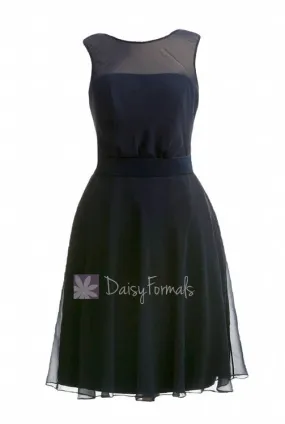 Midnight Chiffon Bridesmaid Dress Knee Length Formal Dress W/Illusion Neckline(BM4090)