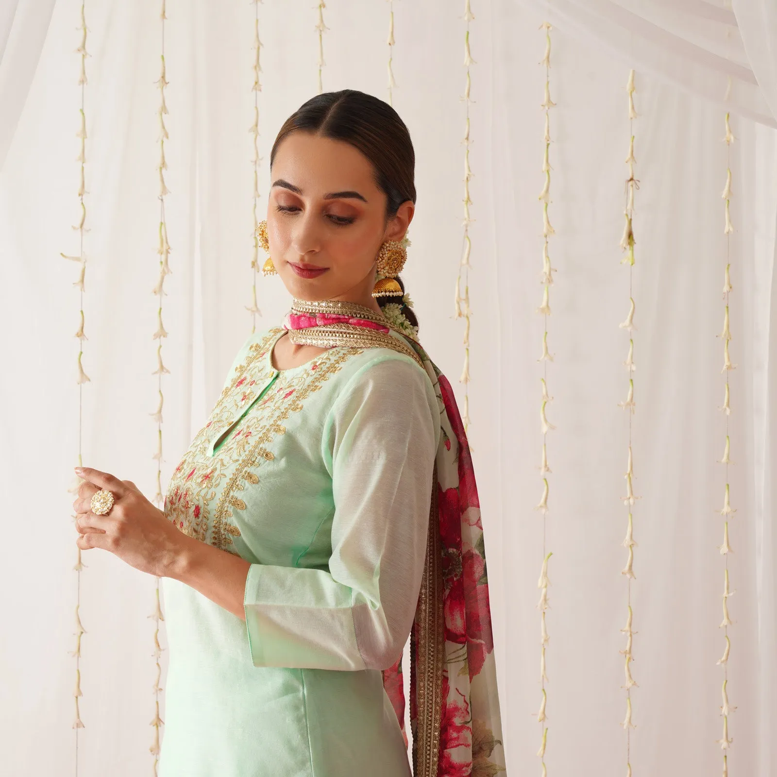 Mint Green Embroidered Chanderi Kurta Set for Women