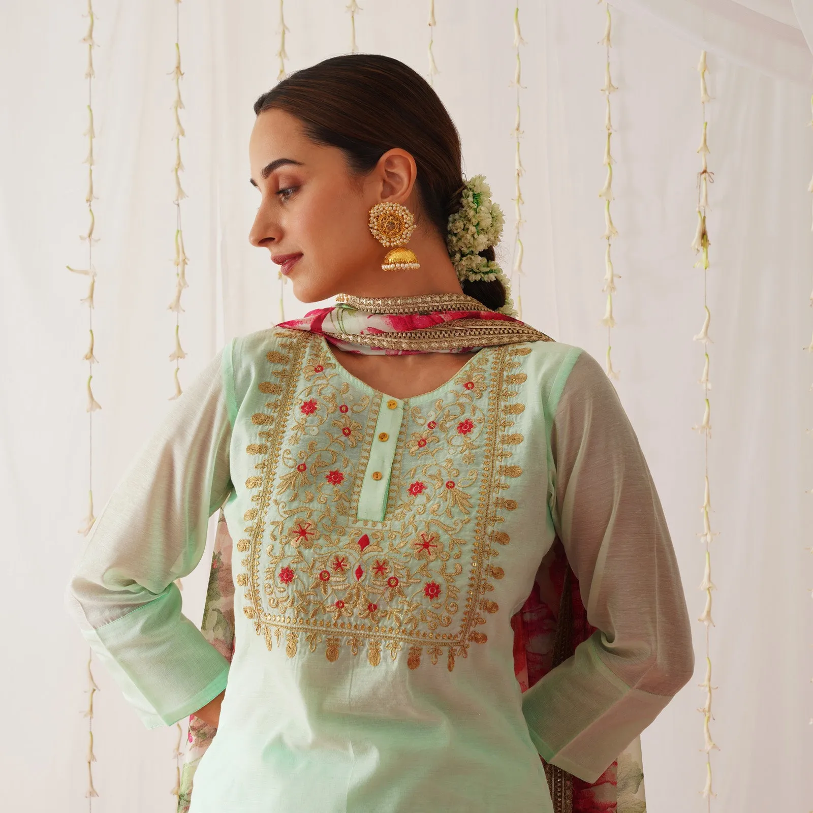 Mint Green Embroidered Chanderi Kurta Set for Women