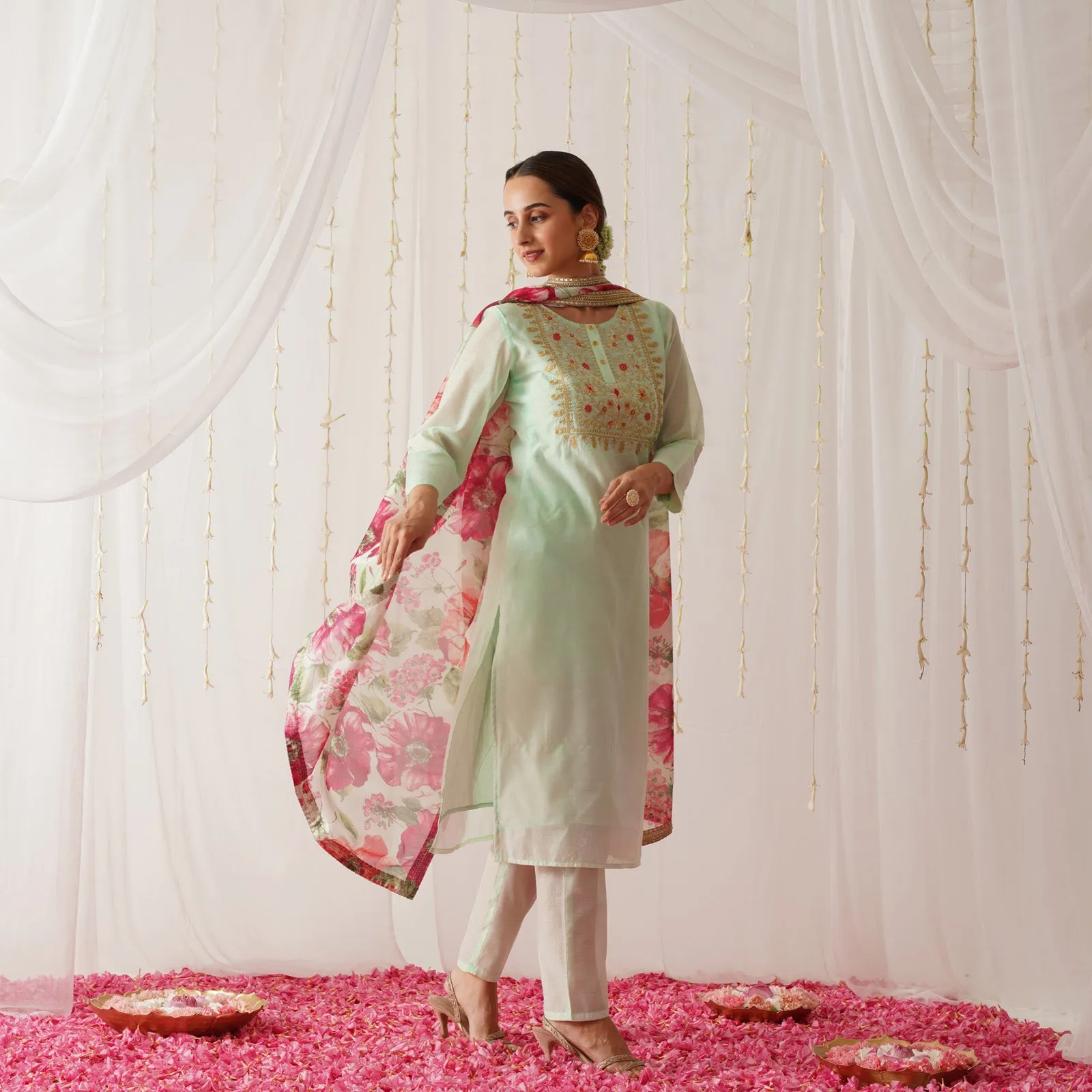 Mint Green Embroidered Chanderi Kurta Set for Women