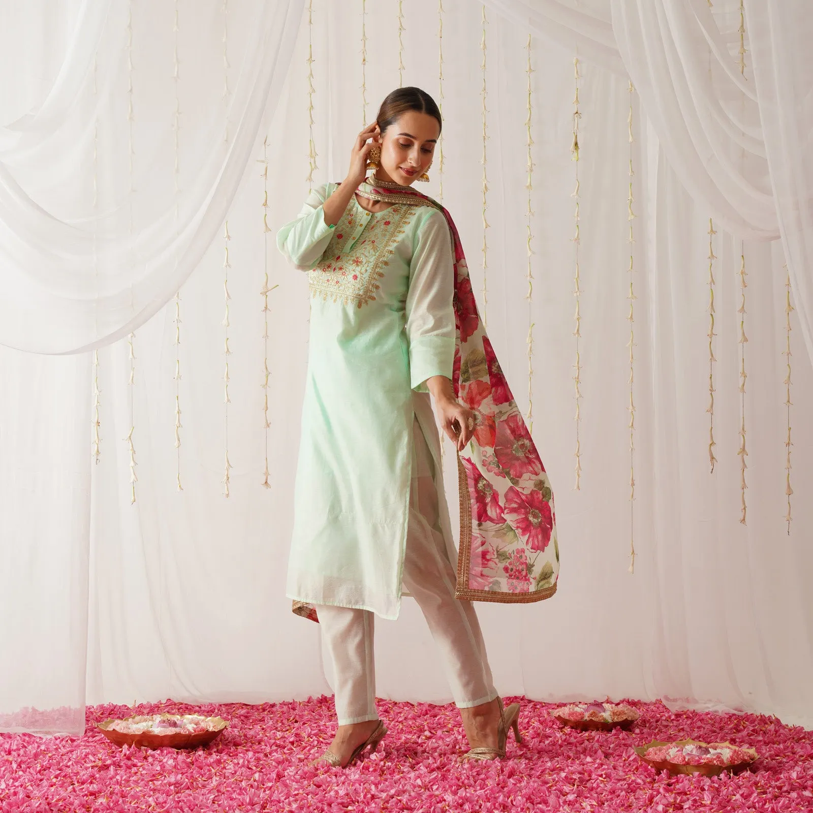 Mint Green Embroidered Chanderi Kurta Set for Women