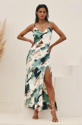 Natalia Watercolor Satin Maxi Dress