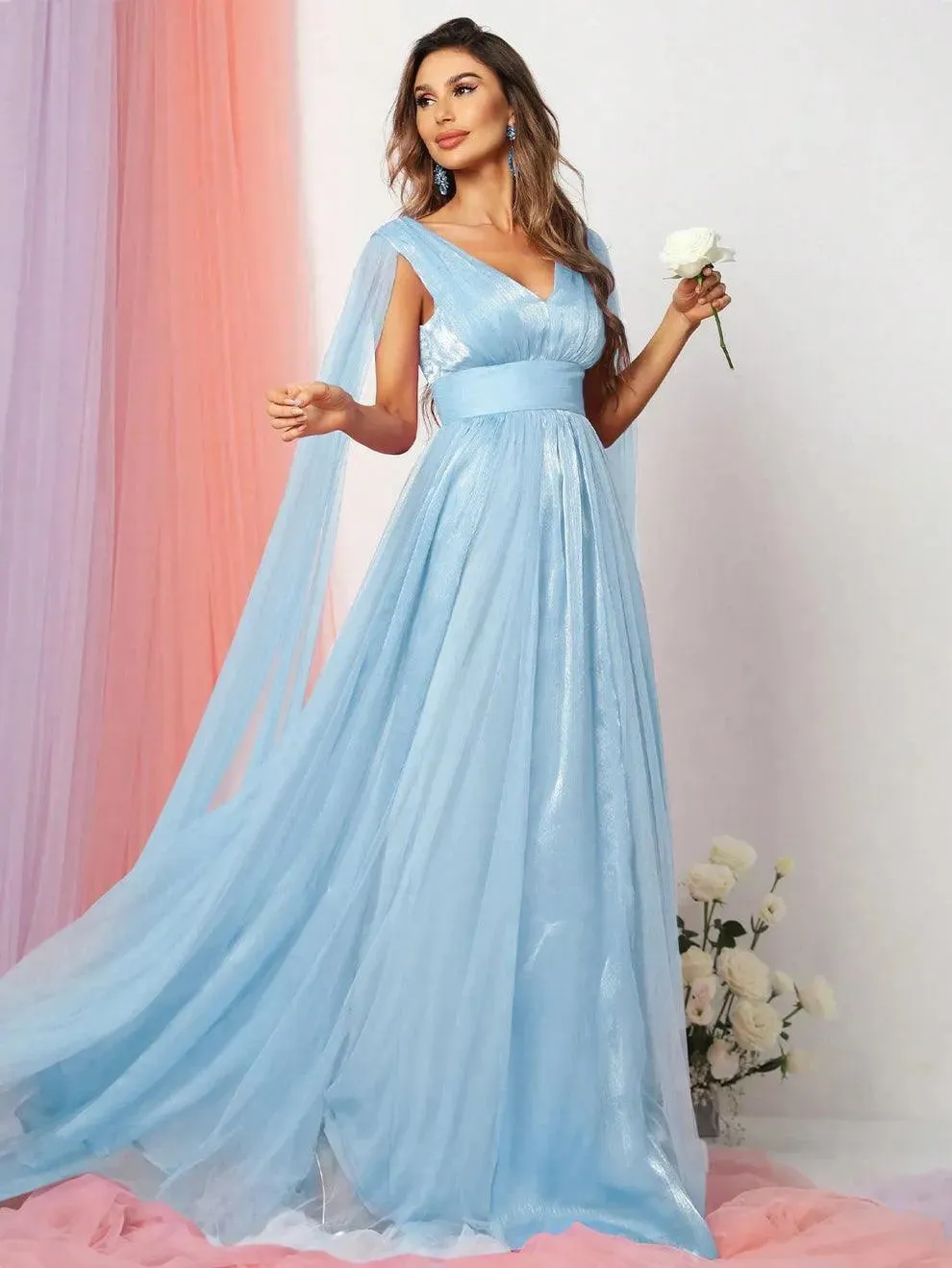 Plunging Neck A Line Bridesmaid dress With Cape