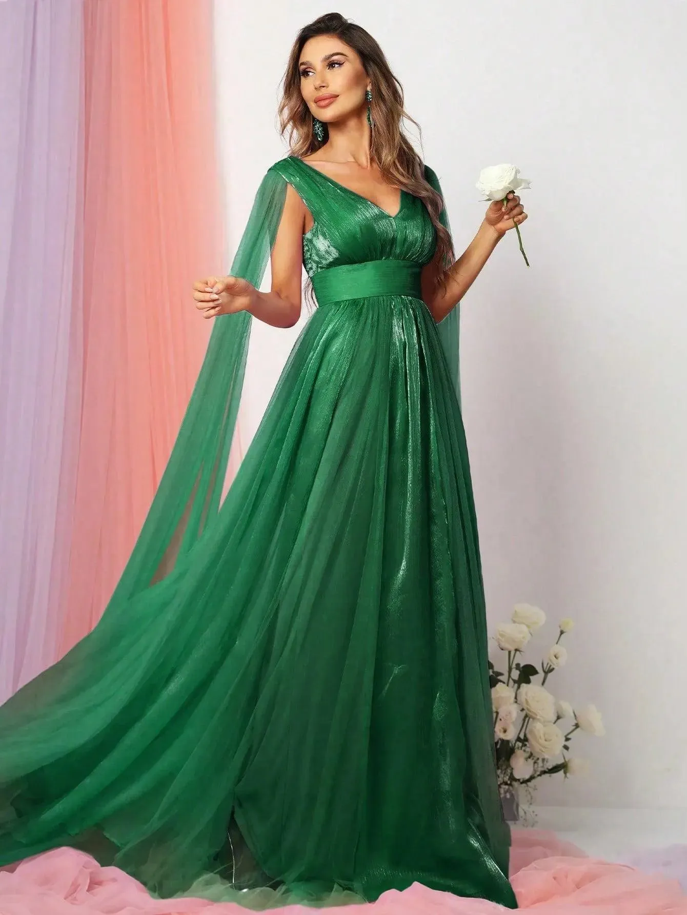 Plunging Neck A Line Bridesmaid dress With Cape