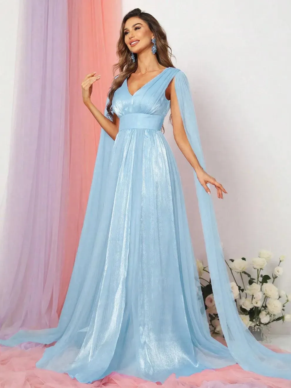 Plunging Neck A Line Bridesmaid dress With Cape