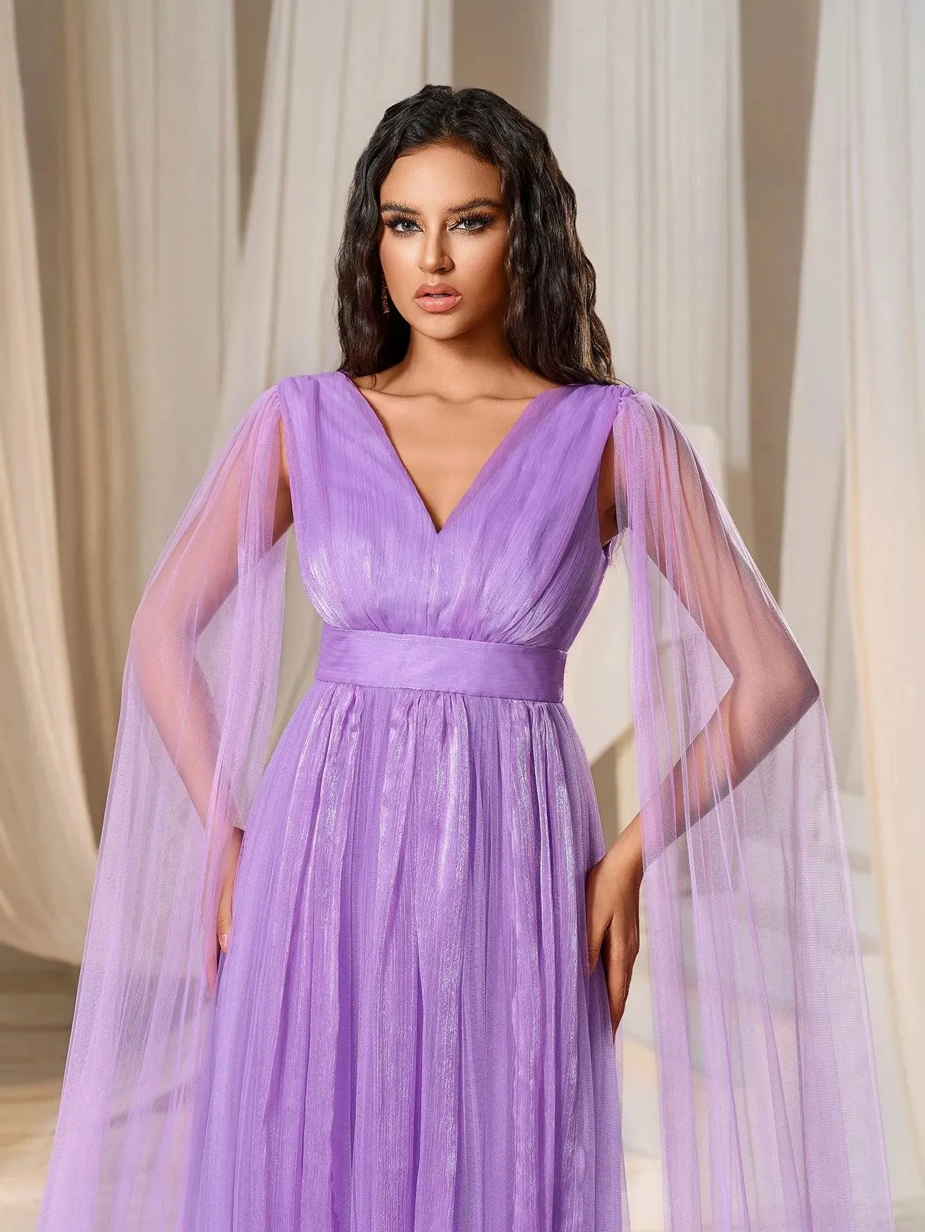 Plunging Neck A Line Bridesmaid dress With Cape