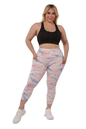 Plus Size High Waist Tummy Control Sports Leggings With Side Pockets - Pink & Blue Tie Dye