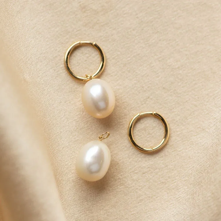 Solid Gold Elegant Pearl Charm Huggies