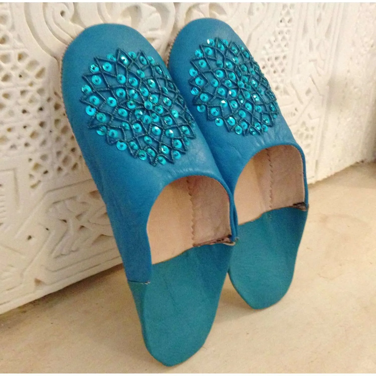 Turquoise Blue Moroccan Les Etoile Babouche Slippers