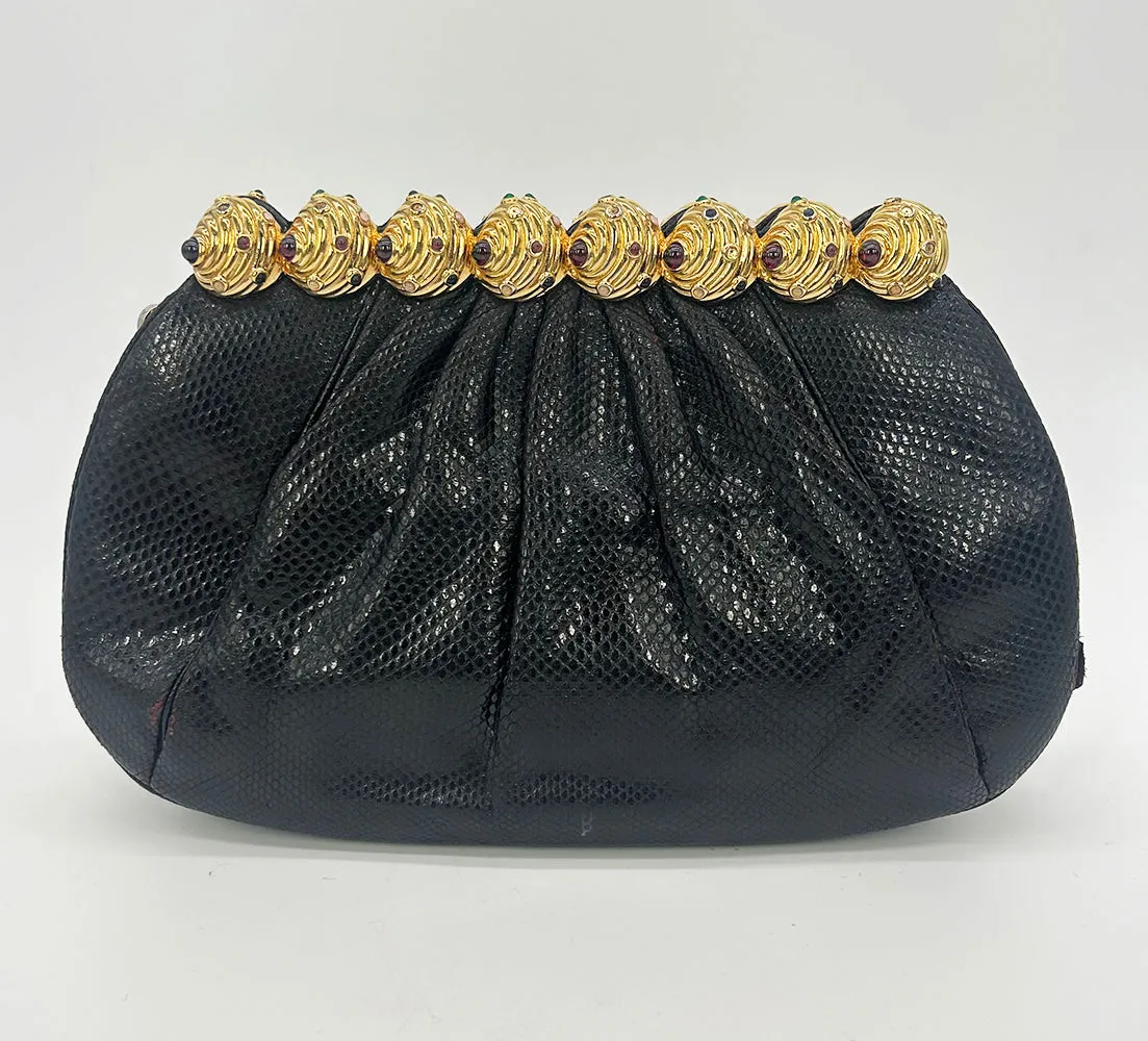 Vintage Judith Leiber Black Lizard Gold Gemstone Top Clutch