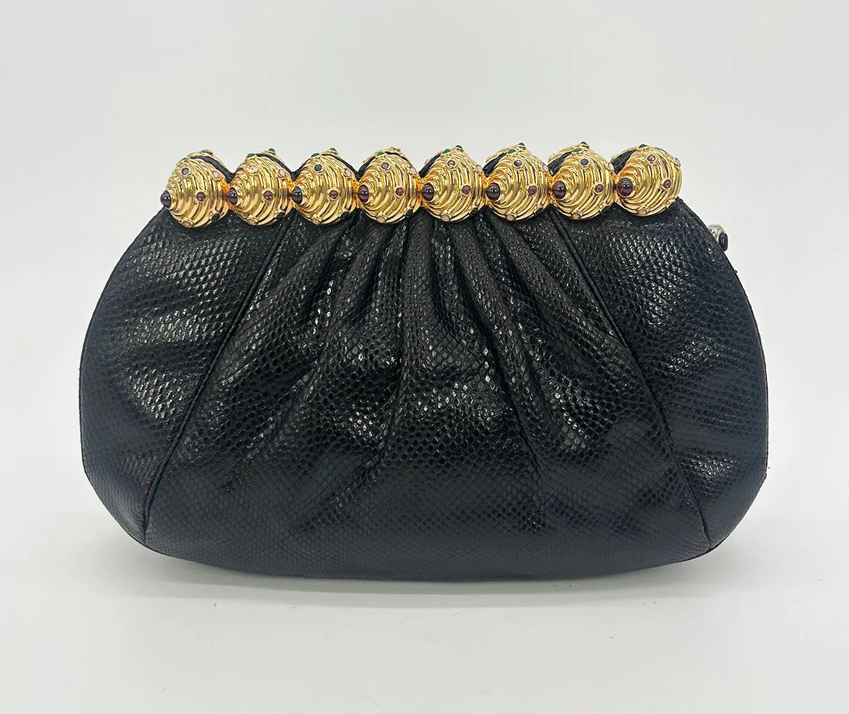 Vintage Judith Leiber Black Lizard Gold Gemstone Top Clutch