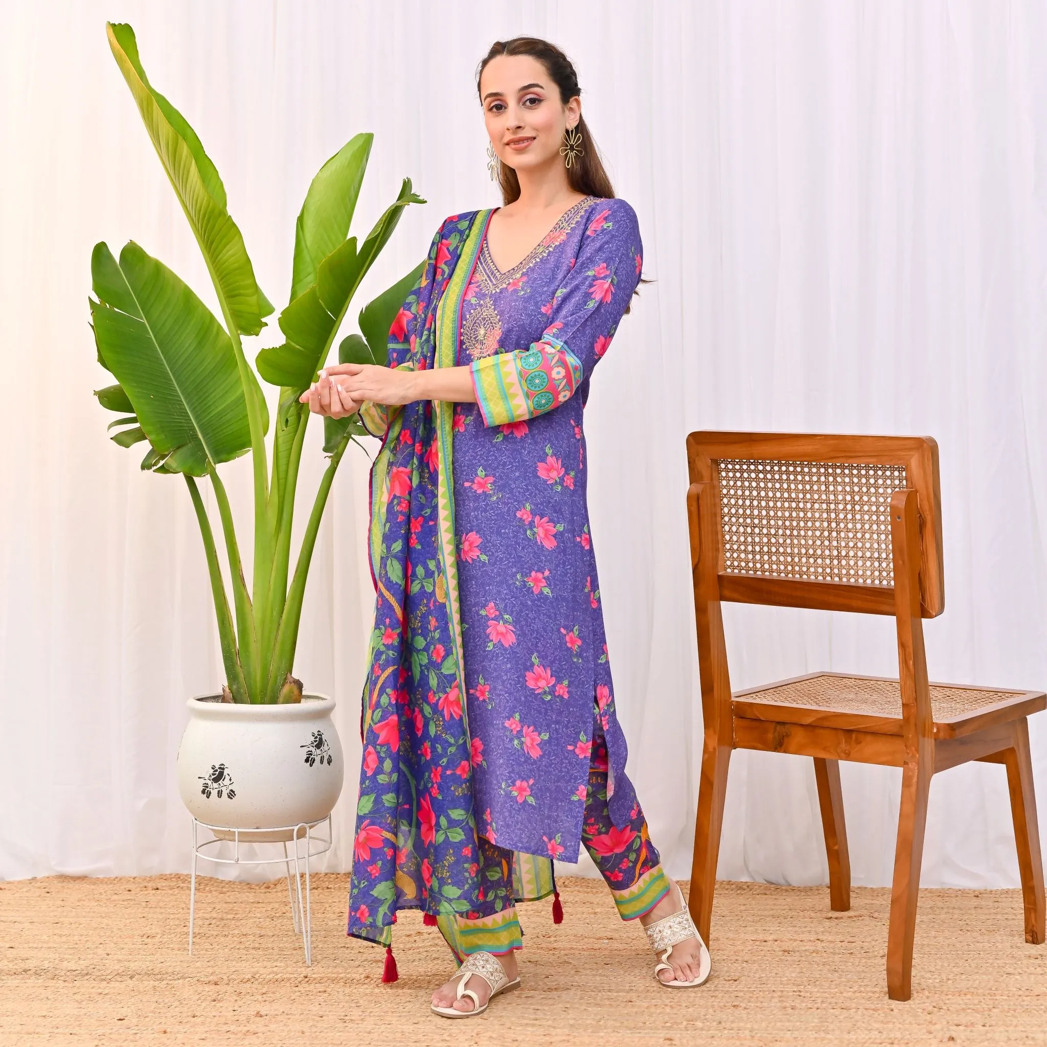 Violet Lotus Printed Salwar Kurta Set with Dupatta & Neck Embroidery Detail