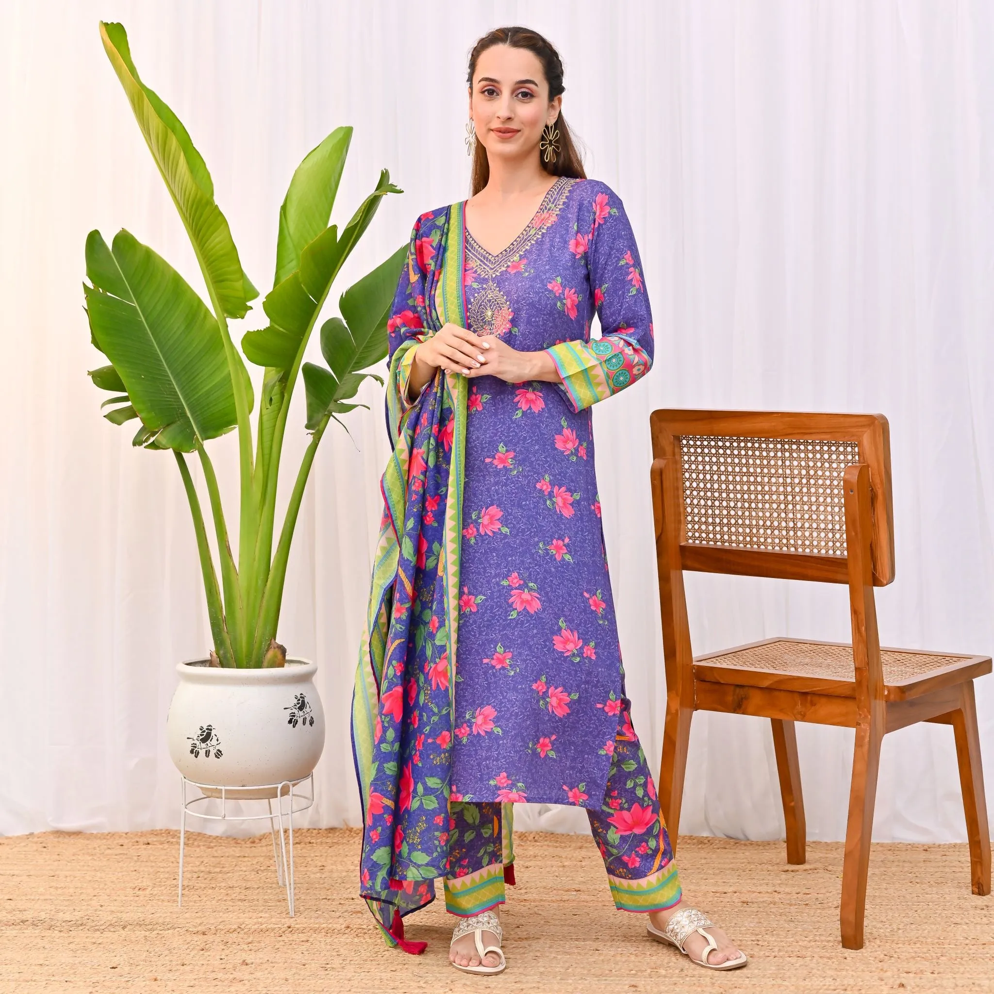 Violet Lotus Printed Salwar Kurta Set with Dupatta & Neck Embroidery Detail