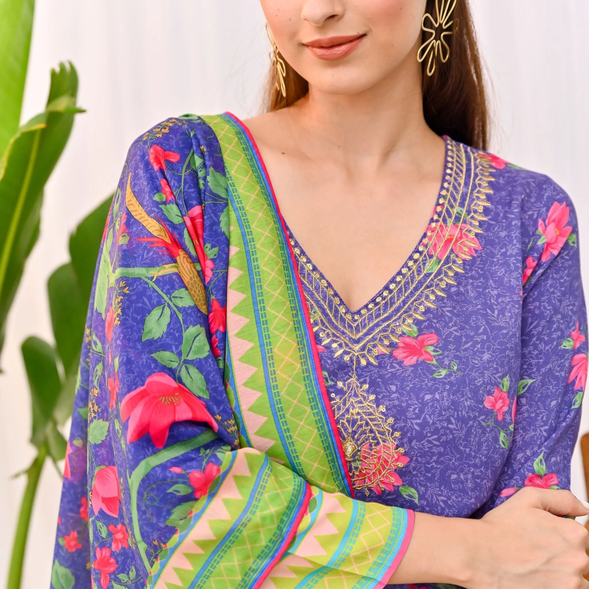 Violet Lotus Printed Salwar Kurta Set with Dupatta & Neck Embroidery Detail